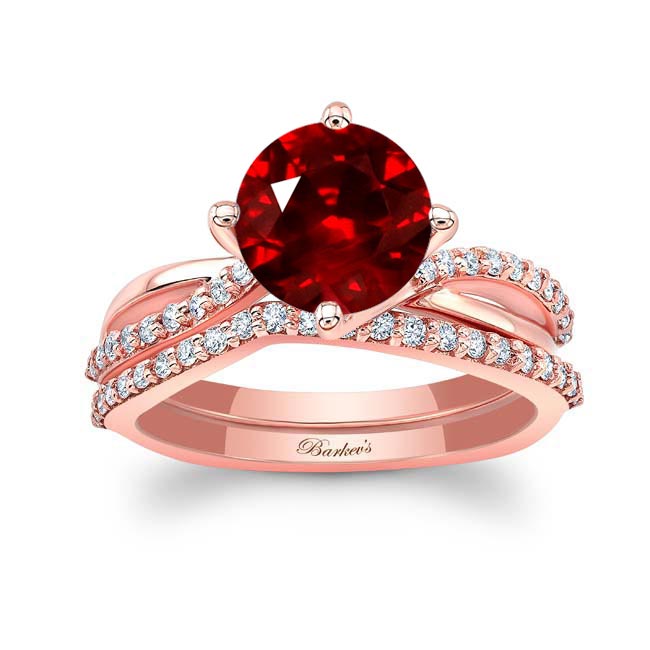 Rose Gold 2 Carat Twisted Ruby And Diamond Bridal Set