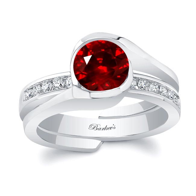 Platinum Half Bezel Lab Grown Ruby And Diamond Interlocking Bridal Set