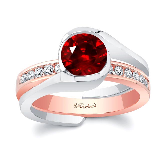 White Rose Gold Half Bezel Lab Grown Ruby And Diamond Interlocking Bridal Set