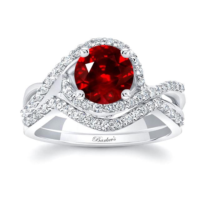 Platinum Twisted Halo Ruby And Diamond Wedding Set