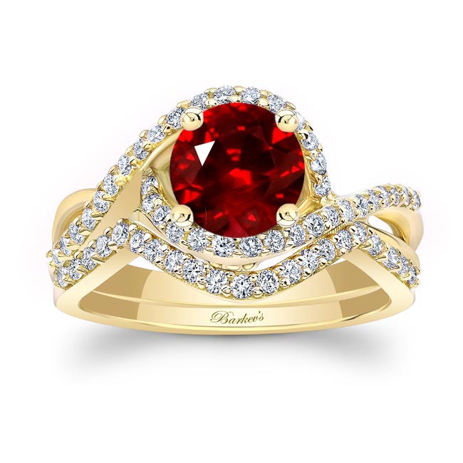 Yellow Gold Twisted Halo Ruby And Diamond Wedding Set