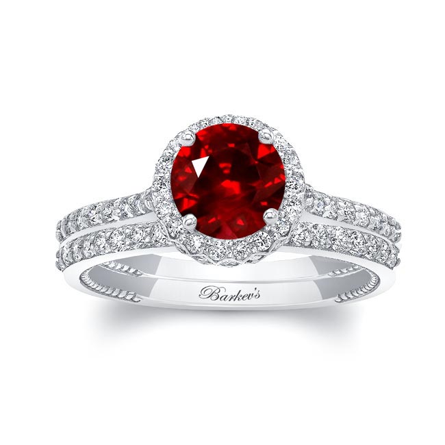 Round Halo Lab Ruby And Diamond Wedding Set