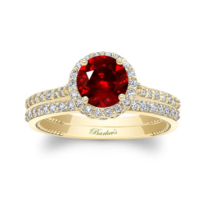 Yellow Gold Round Halo Lab Ruby And Diamond Wedding Set