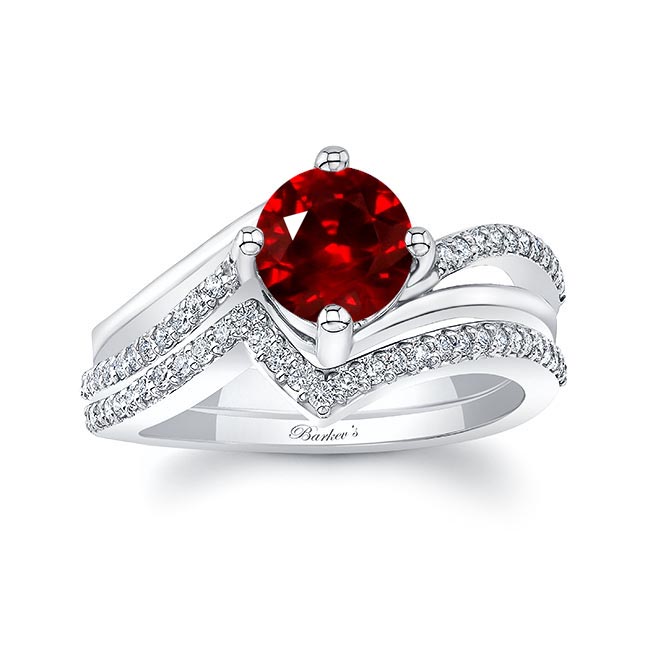 White Gold Lab Ruby And Diamond Split Shank Wedding Set