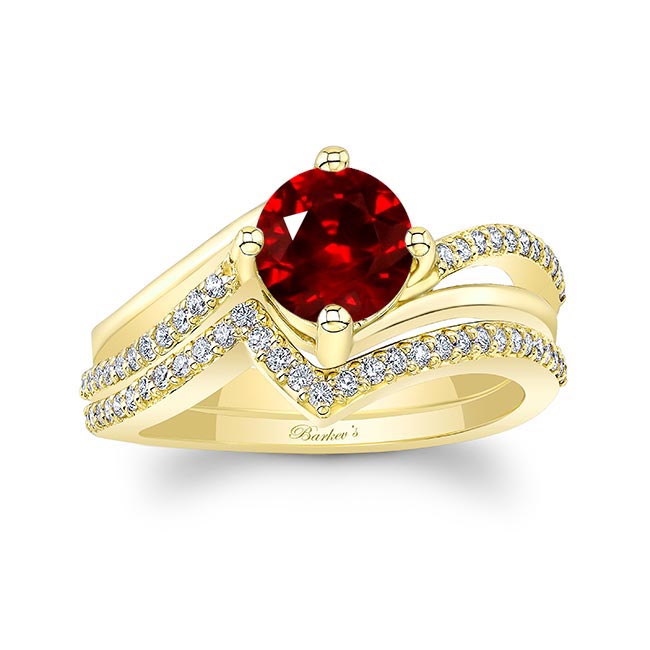 Yellow Gold Ruby And Diamond Split Shank Wedding Set