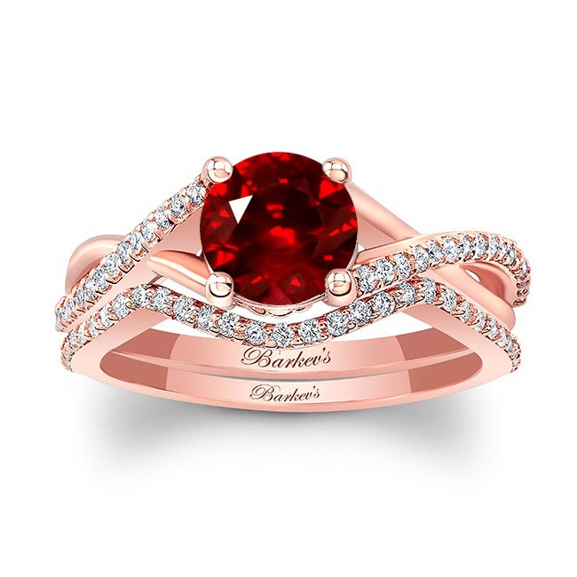 Rose Gold One Carat Lab Grown Ruby And Diamond Bridal Set