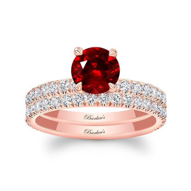 Rose Gold Ruby And Diamond Halo Wedding Set