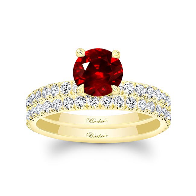 Yellow Gold Ruby And Diamond Halo Wedding Set