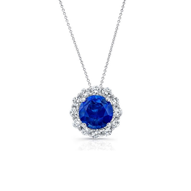 Blue Sapphire And Diamond Halo Necklace